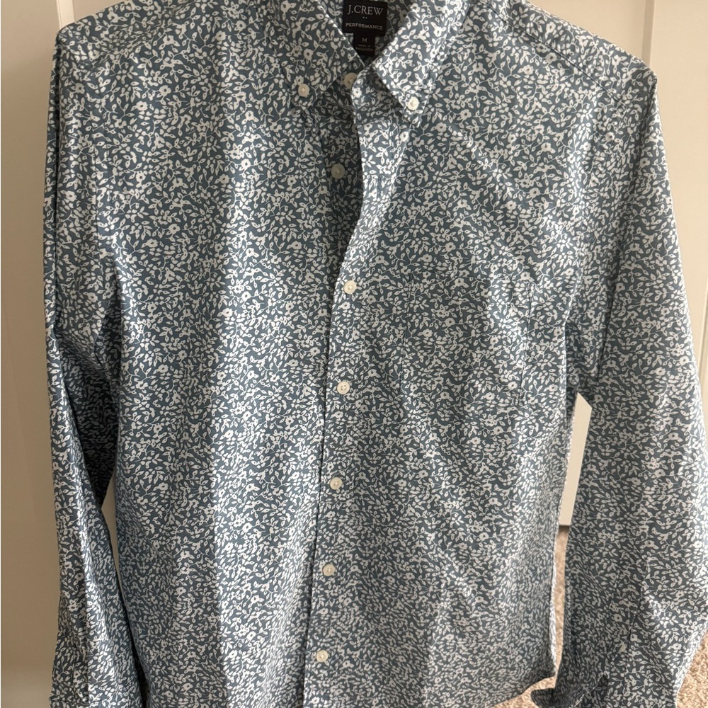 J. Crew Men's White and Blue Patterned Shirt